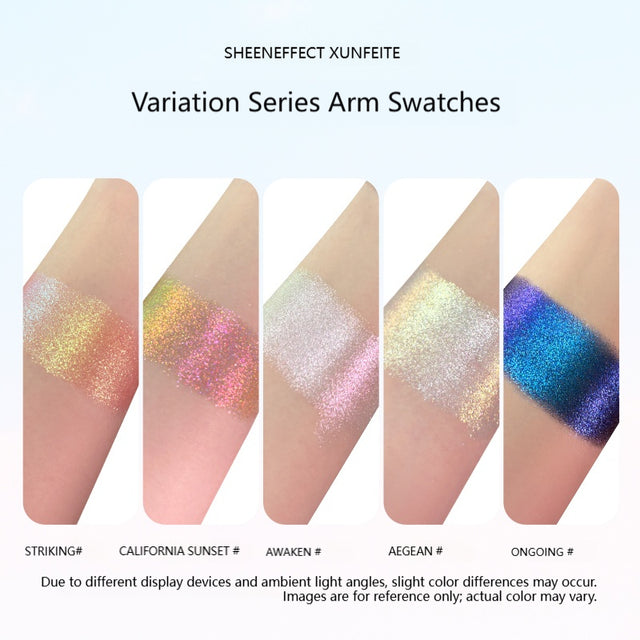 Five iridescent arm swatches labeled Striking, California Sunset, Awaken, AegEAN, and Ongoing, shown on skin against a pale blue gradient background with the text 'SHEENEFFECT XUNFEITE Variation Series Arm Swatches'.